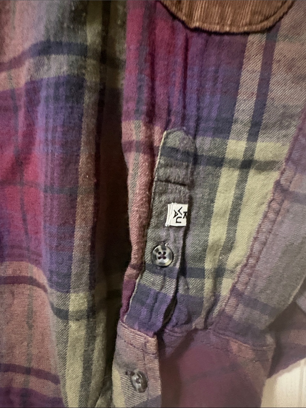 Kavu Olive and Burgundy Plaid Button-Down Shirt with Brown Elbow Patches - Picture 7 of 11